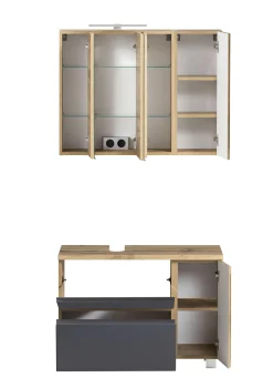 Badezimmerset Varese | Waschtisch und Spiegelschrank mit Beleuchtung | Wotan Eiche Graues Design
