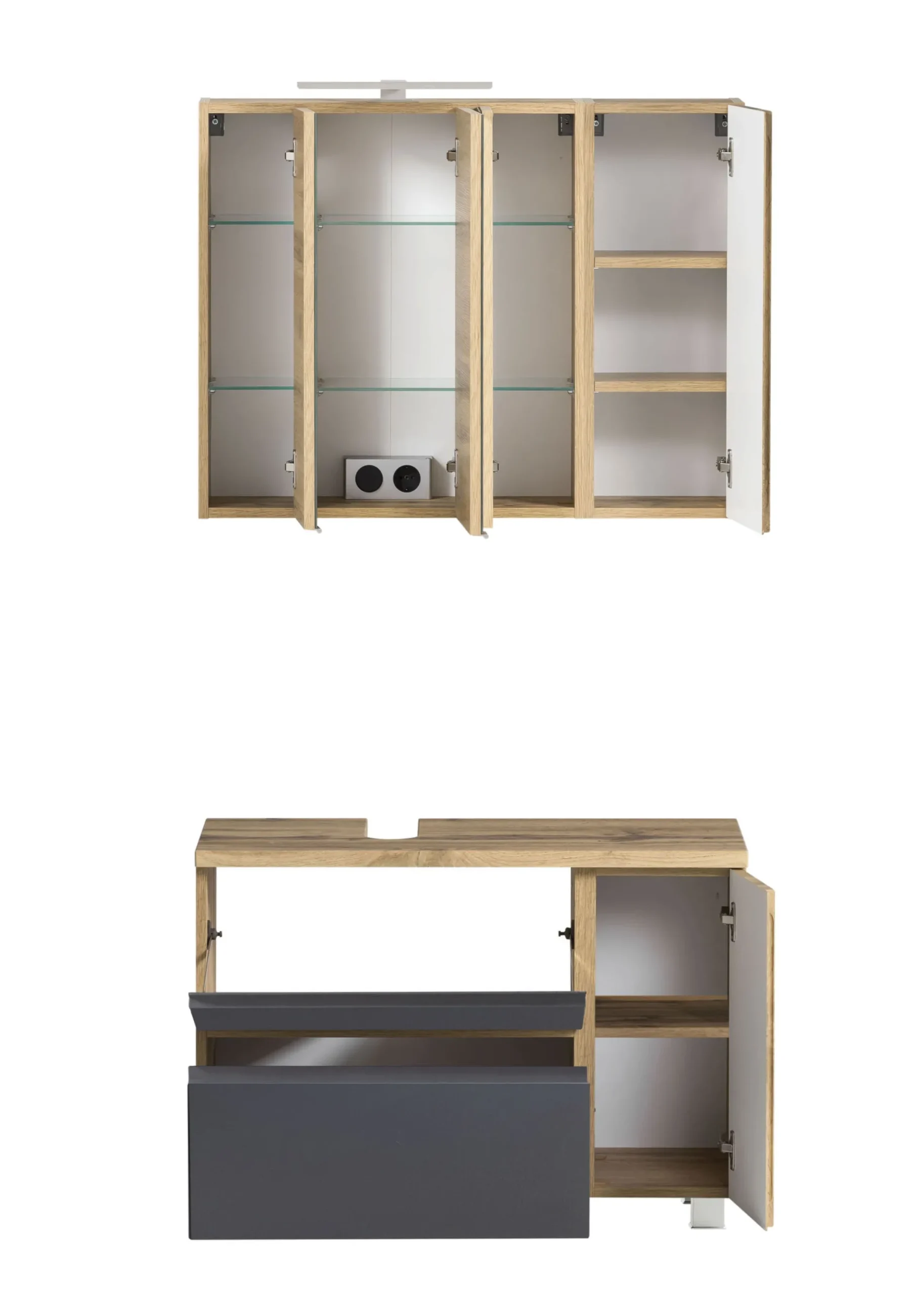 Badezimmerset Varese | Waschtisch und Spiegelschrank mit Beleuchtung | Wotan Eiche Graues Design