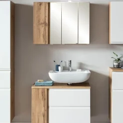 Badezimmerset Varese | Waschtisch und Spiegelschrank mit Beleuchtung | Wotan Eiche weißes Design
