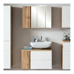 Badezimmerset Varese | Waschtisch und Spiegelschrank mit Beleuchtung | Wotan Eiche weißes Design