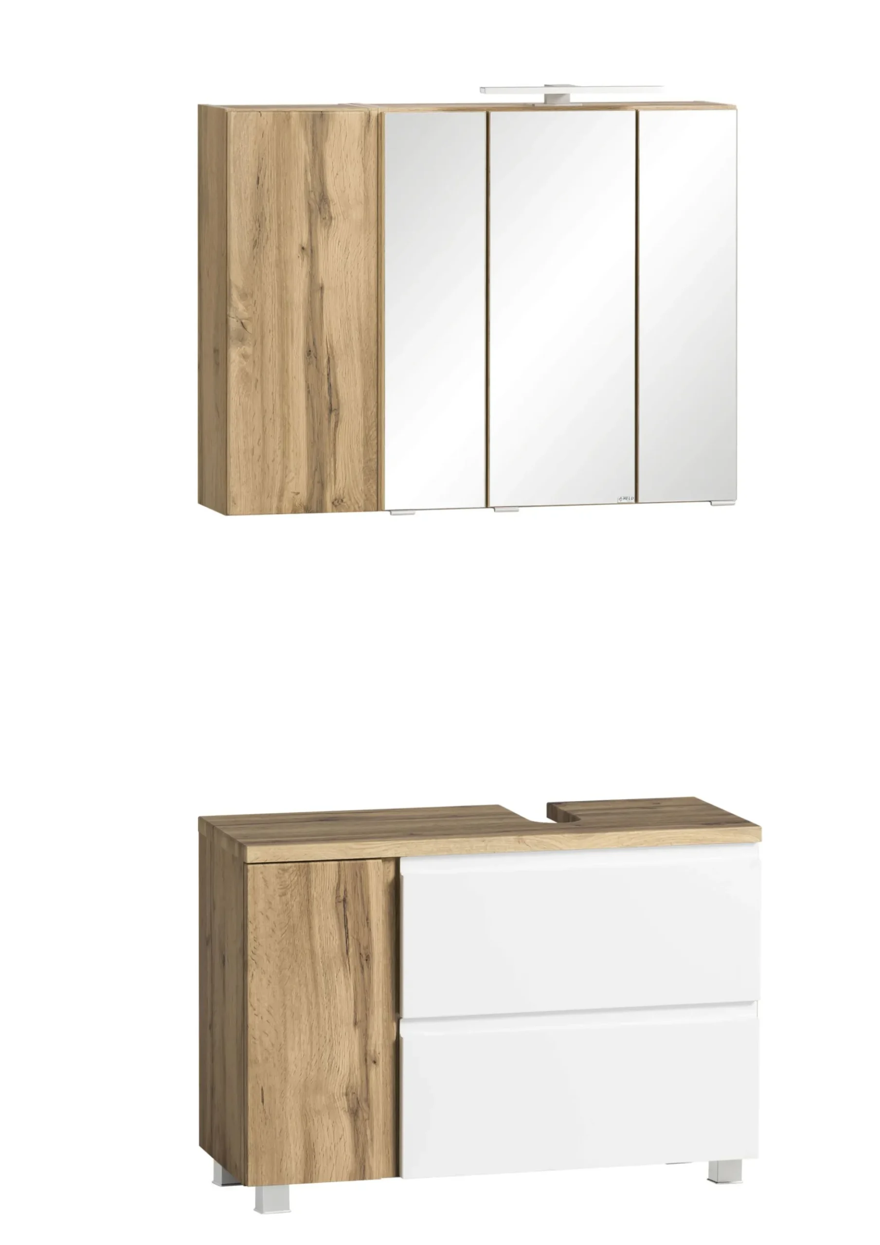 Badezimmerset Varese | Waschtisch und Spiegelschrank mit Beleuchtung | Wotan Eiche weißes Design