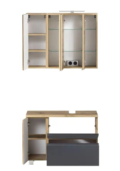 Badezimmerset Varese | Waschtisch und Spiegelschrank mit Beleuchtung | Wotan Eiche Graues Design