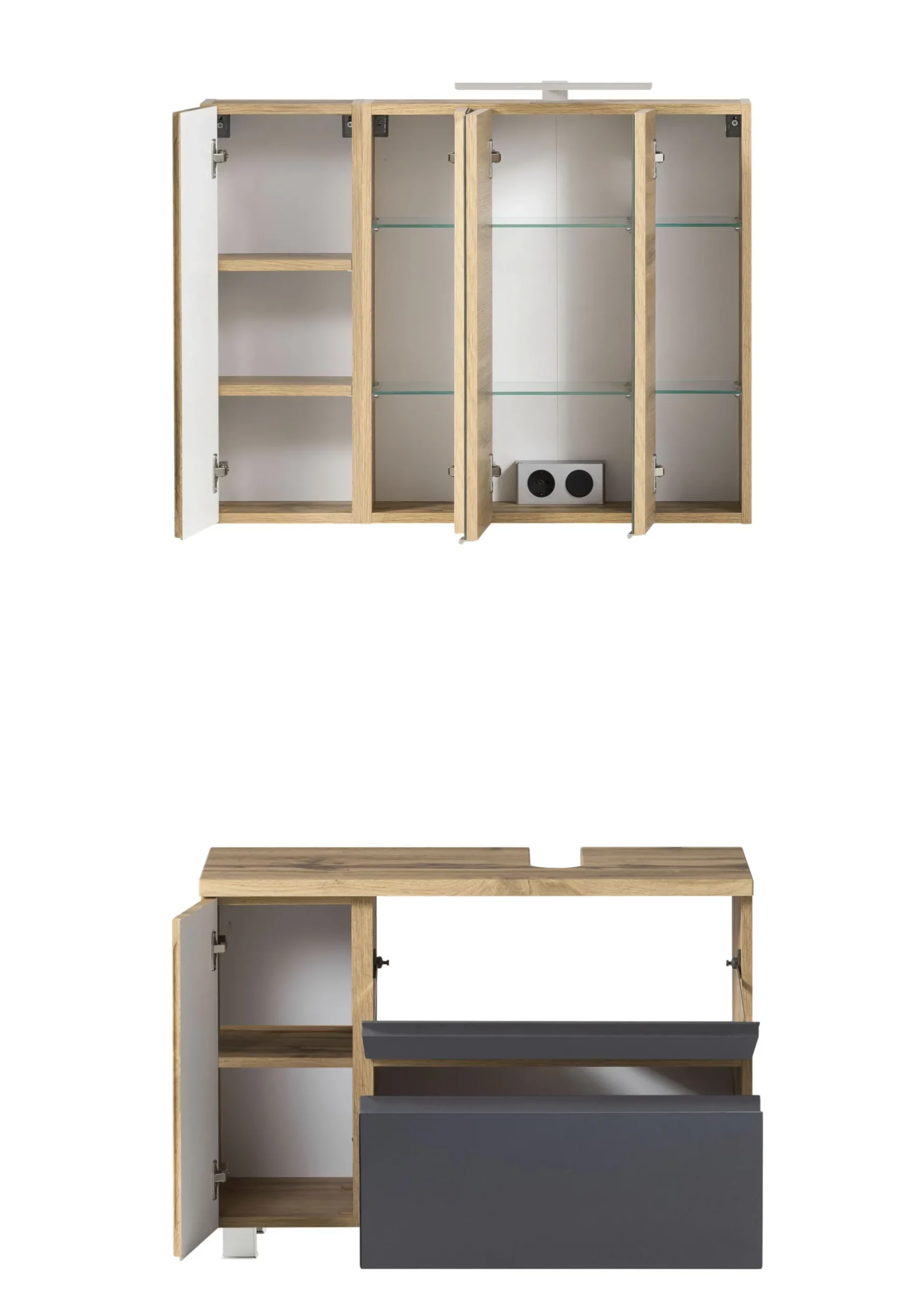 Badezimmerset Varese | Waschtisch und Spiegelschrank mit Beleuchtung | Wotan Eiche Graues Design