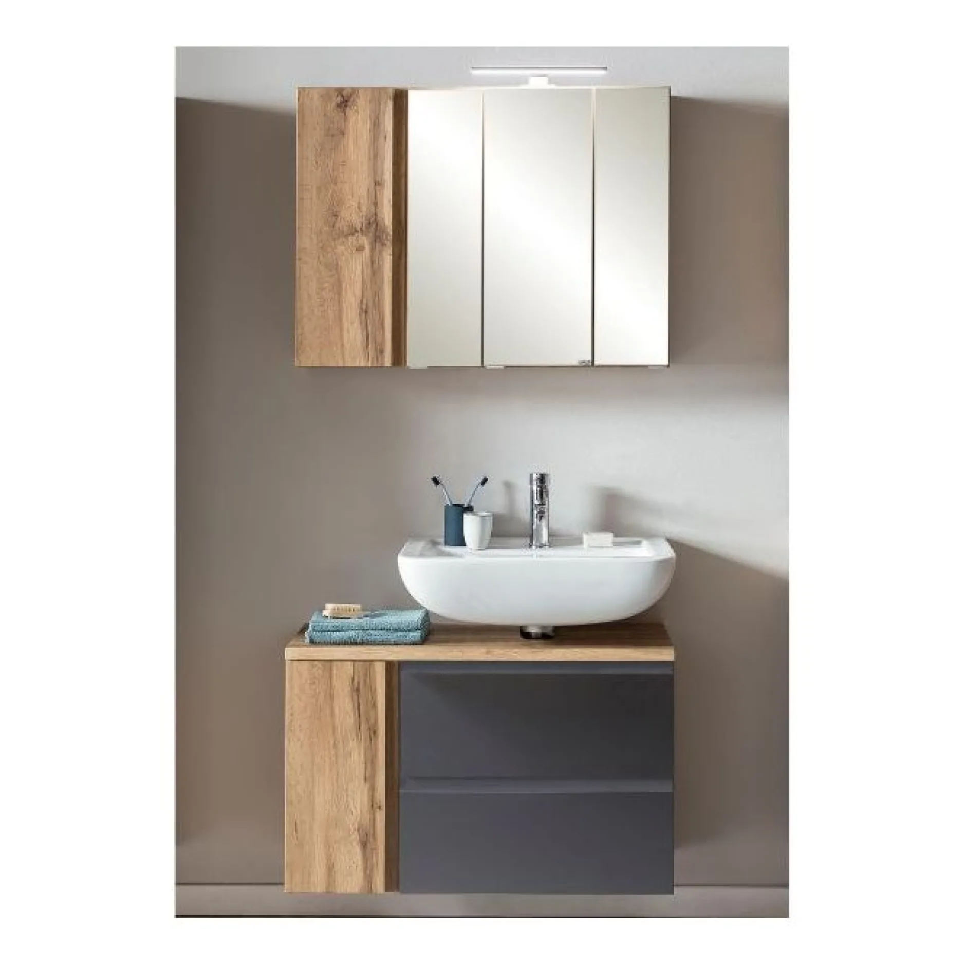 Badezimmerset Varese | Waschtisch und Spiegelschrank mit Beleuchtung | Wotan Eiche Graues Design