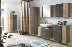 Badezimmerset Varese | Waschtisch und Spiegelschrank mit Beleuchtung | Wotan Eiche Graues Design