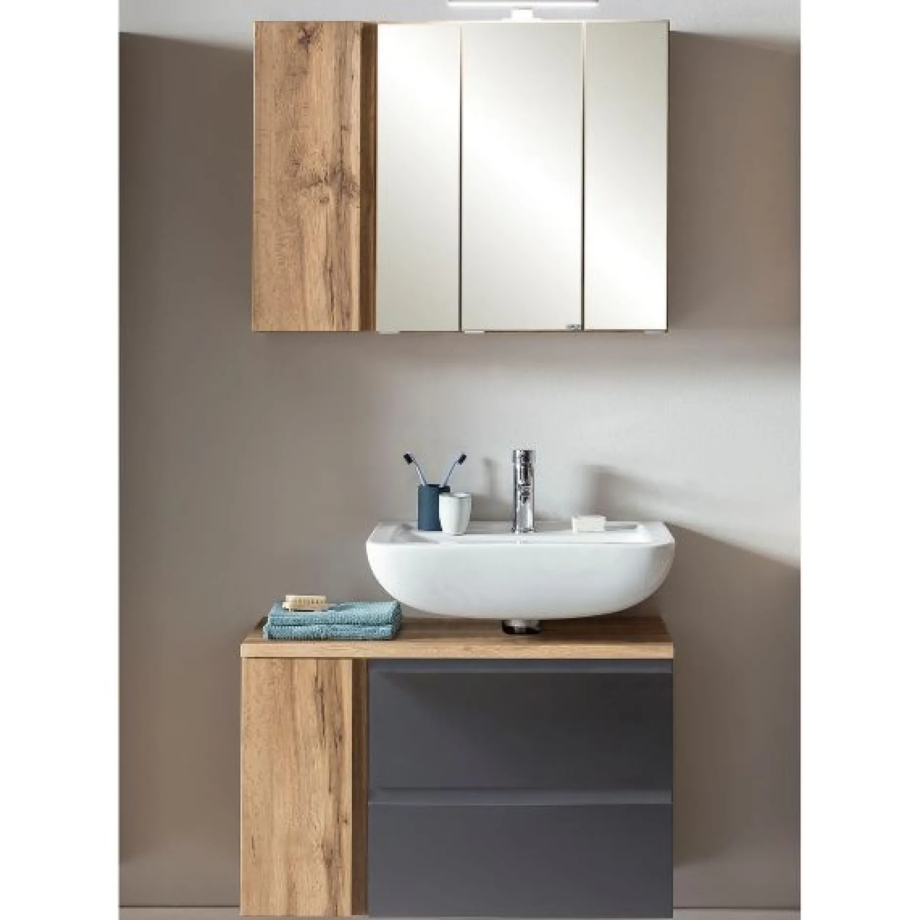 Badezimmerset Varese | Waschtisch und Spiegelschrank mit Beleuchtung | Wotan Eiche Graues Design