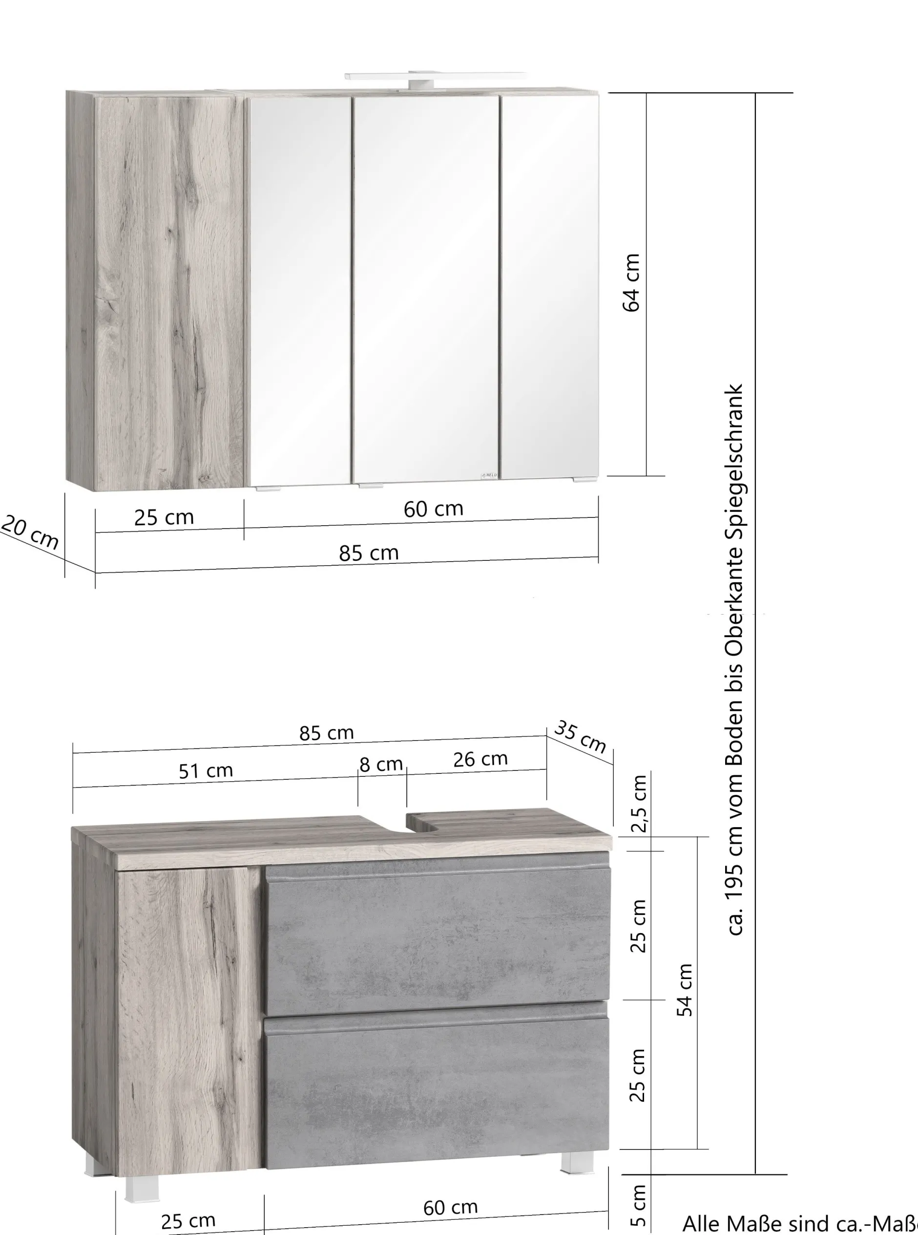 Badezimmerset Varese | Waschtisch und Spiegelschrank mit Beleuchtung | Wotan Eiche Graues Design