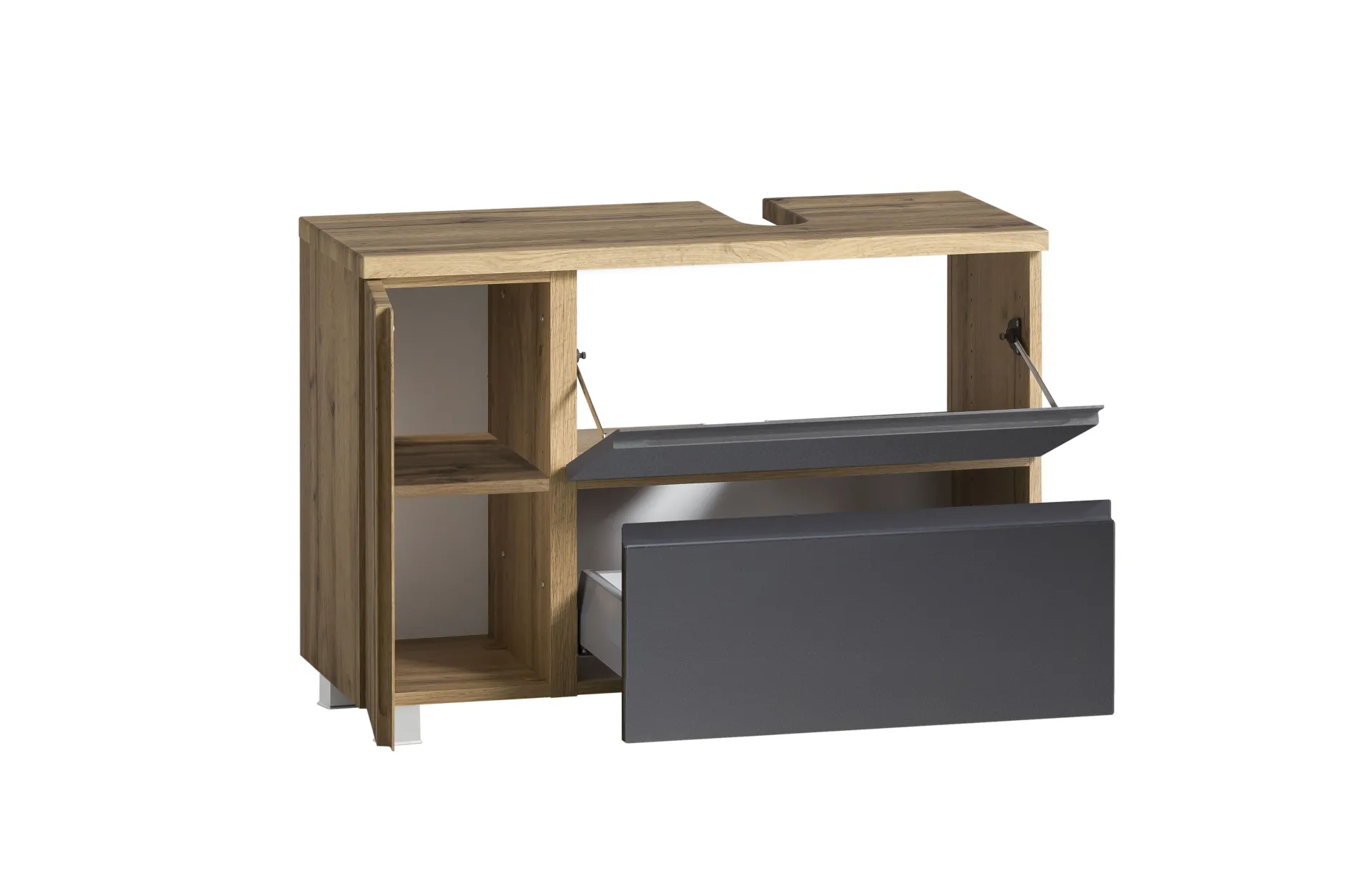 Badezimmerset Varese | Waschtisch und Spiegelschrank mit Beleuchtung | Wotan Eiche Graues Design