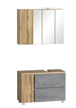 Badezimmerset Varese | Waschtisch und Spiegelschrank mit Beleuchtung | Wotan Eiche Beton Design