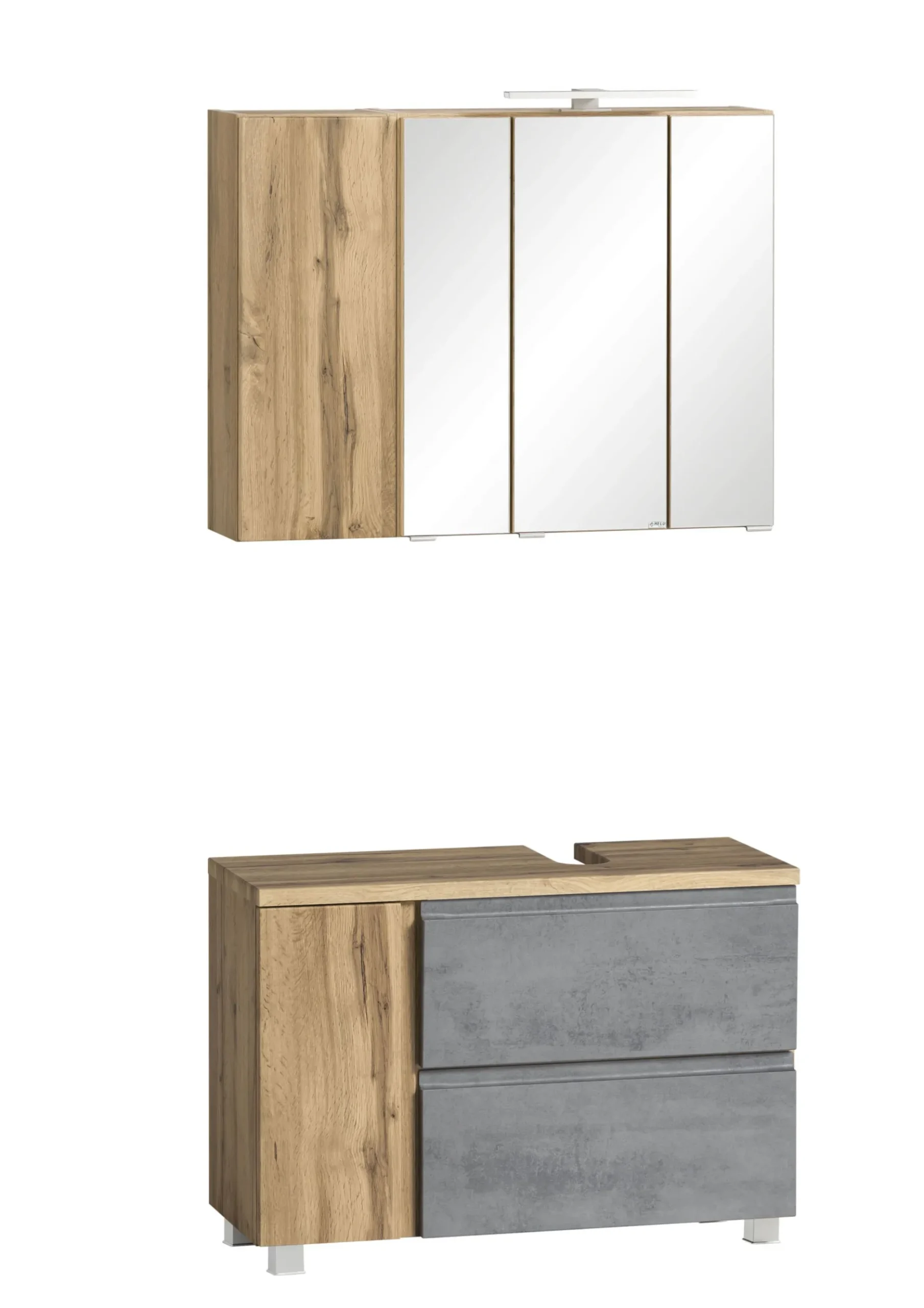 Badezimmerset Varese | Waschtisch und Spiegelschrank mit Beleuchtung | Wotan Eiche Beton Design