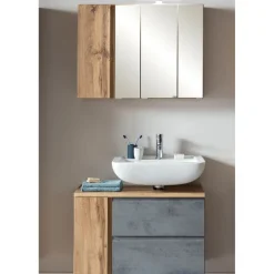 Badezimmerset Varese | Waschtisch und Spiegelschrank mit Beleuchtung | Wotan Eiche Beton Design
