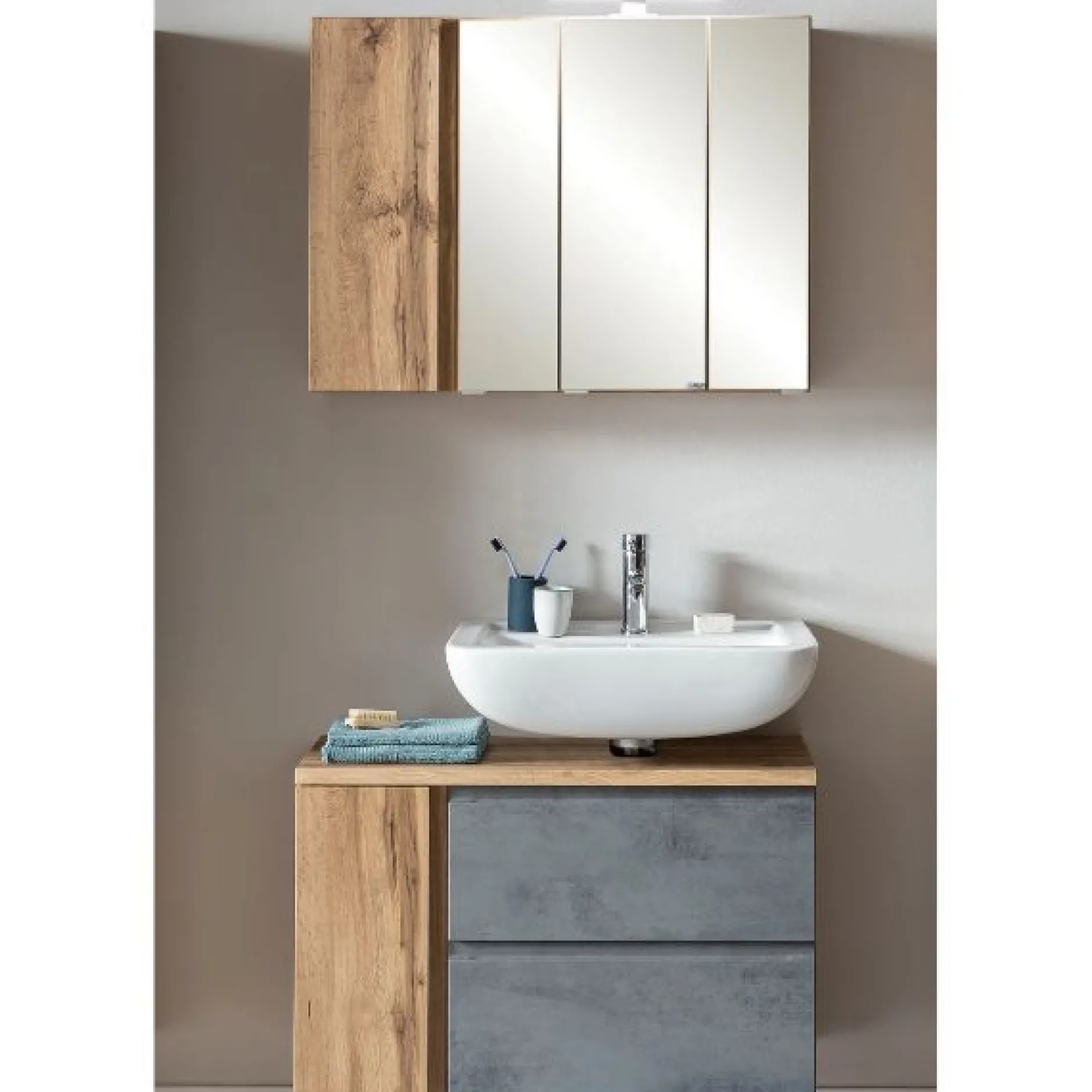 Badezimmerset Varese | Waschtisch und Spiegelschrank mit Beleuchtung | Wotan Eiche Beton Design