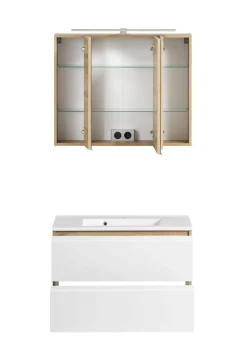 Badezimmerset Varese | Waschtisch und Spiegelschrank mit Beleuchtung | Wotan Eiche weißes Design