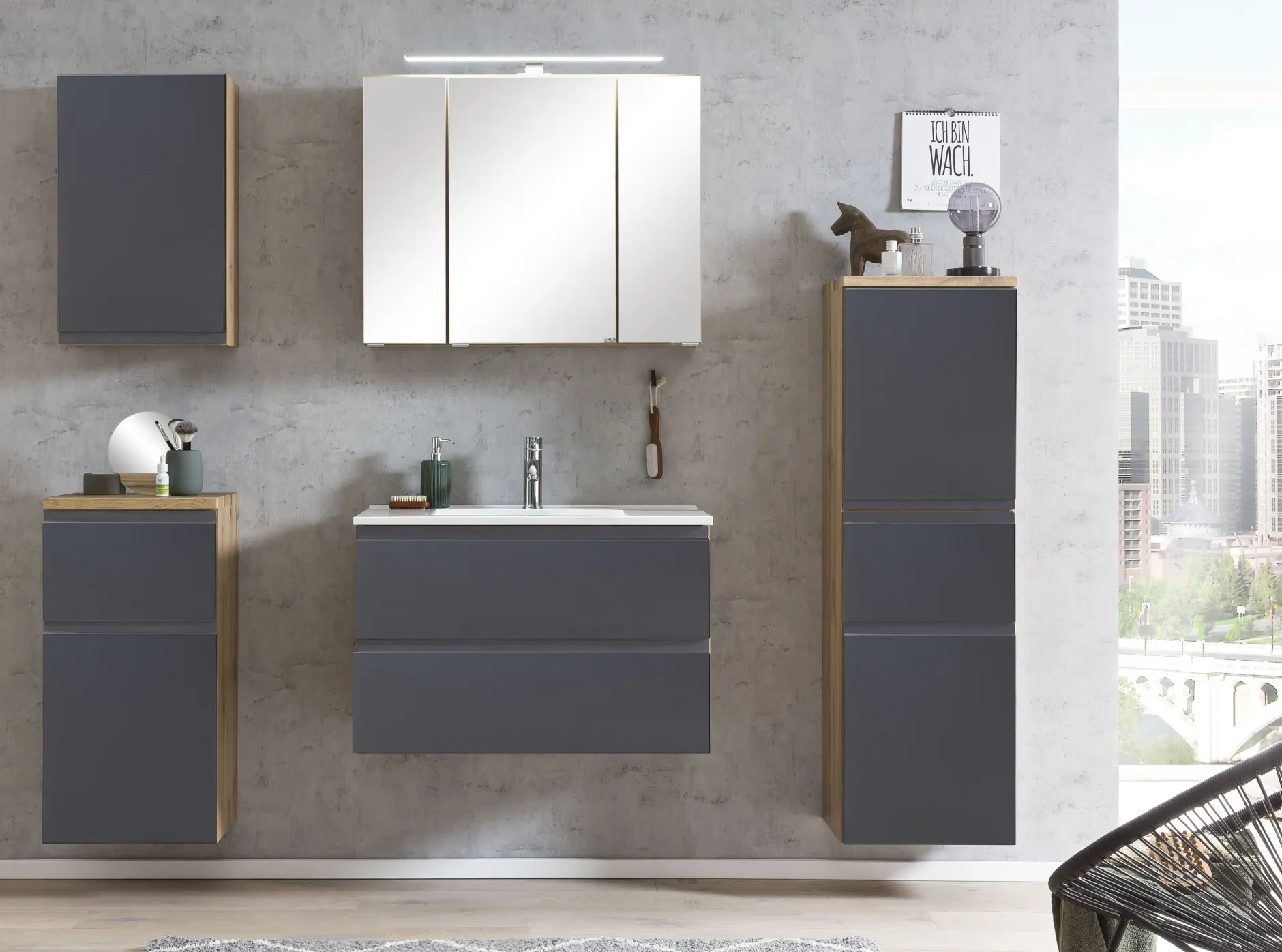 Badezimmerset Varese | Waschtisch und Spiegelschrank mit Beleuchtung | Wotan Eiche Graues Design