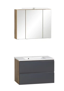Badezimmerset Varese | Waschtisch und Spiegelschrank mit Beleuchtung | Wotan Eiche Graues Design