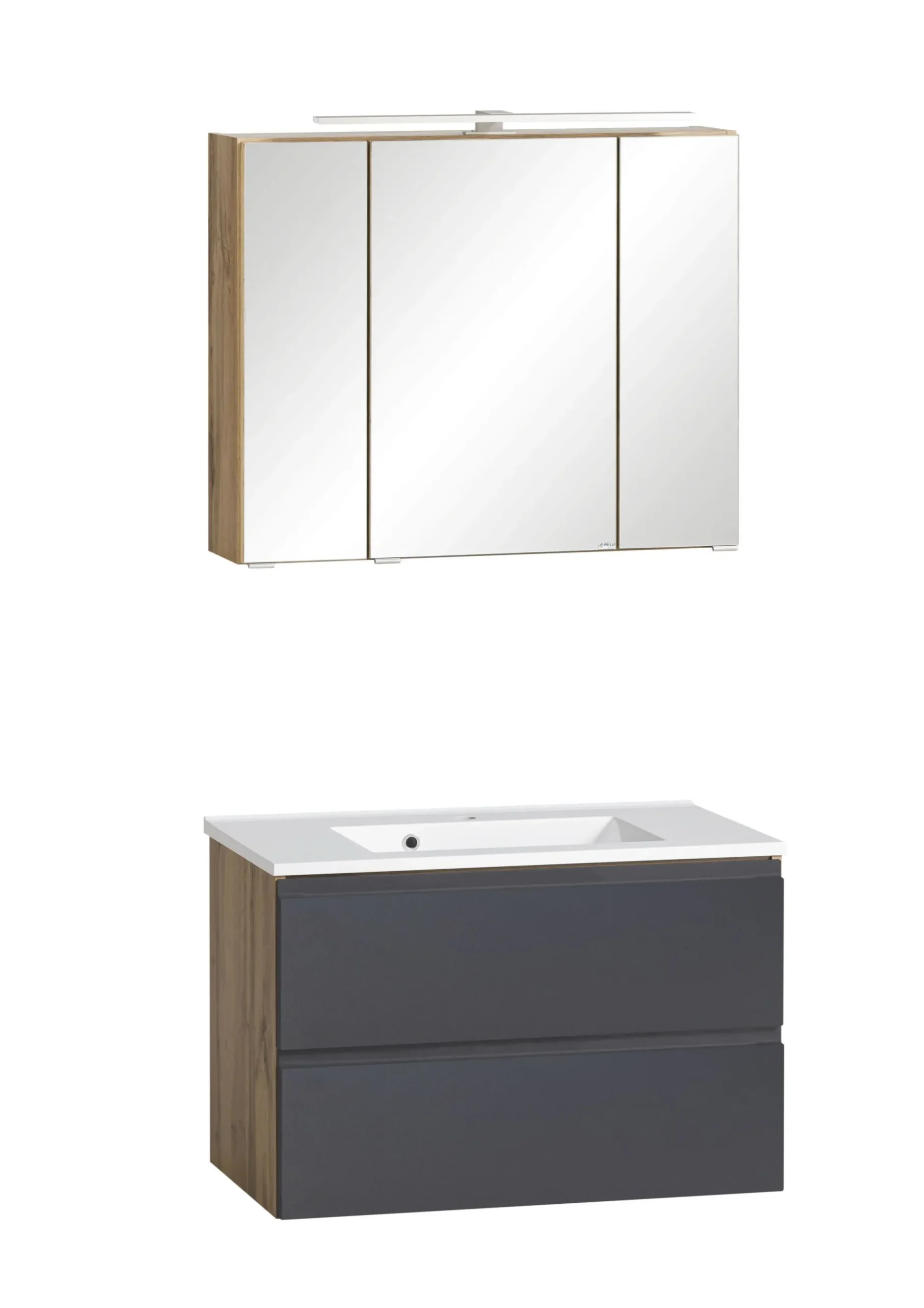 Badezimmerset Varese | Waschtisch und Spiegelschrank mit Beleuchtung | Wotan Eiche Graues Design