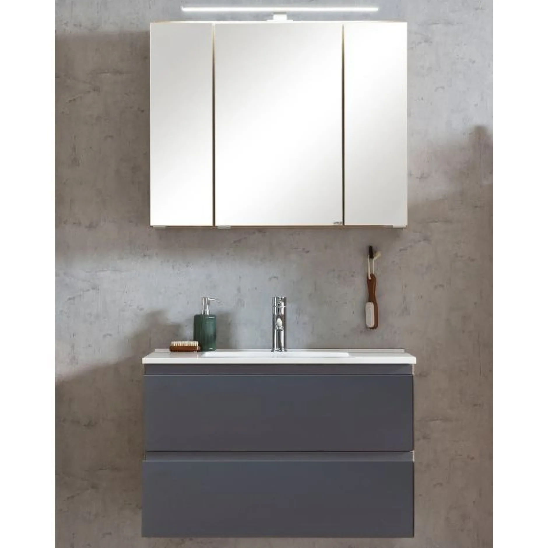 Badezimmerset Varese | Waschtisch und Spiegelschrank mit Beleuchtung | Wotan Eiche Graues Design
