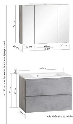 Badezimmerset Varese | Waschtisch und Spiegelschrank mit Beleuchtung | Wotan Eiche Graues Design