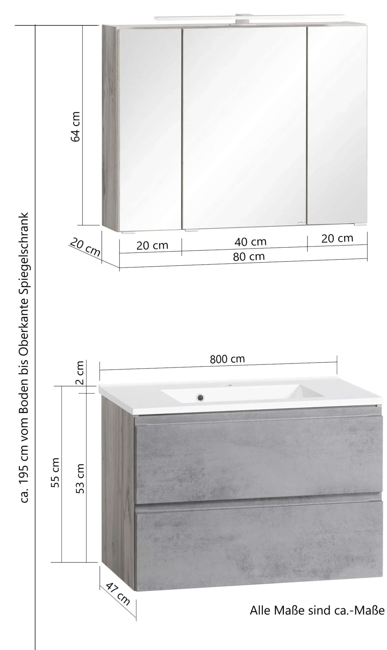 Badezimmerset Varese | Waschtisch und Spiegelschrank mit Beleuchtung | Wotan Eiche Graues Design