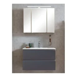 Badezimmerset Varese | Waschtisch und Spiegelschrank mit Beleuchtung | Wotan Eiche Graues Design