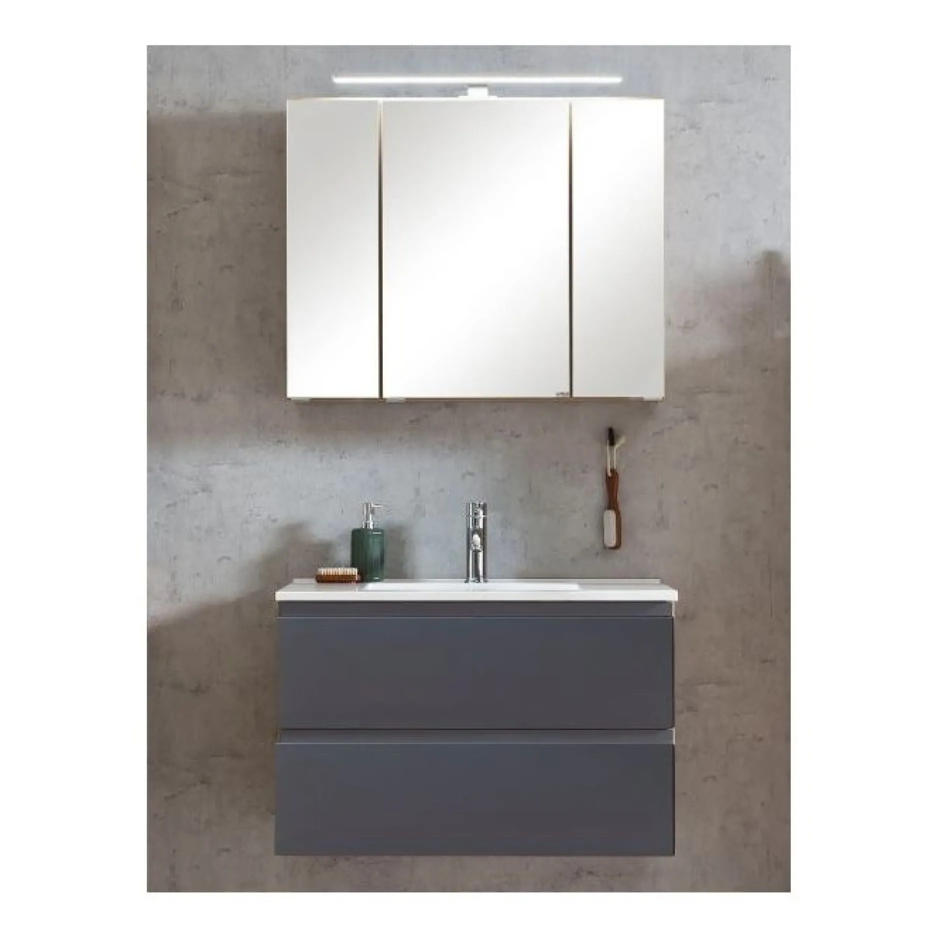 Badezimmerset Varese | Waschtisch und Spiegelschrank mit Beleuchtung | Wotan Eiche Graues Design