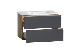 Badezimmerset Varese | Waschtisch und Spiegelschrank mit Beleuchtung | Wotan Eiche Graues Design