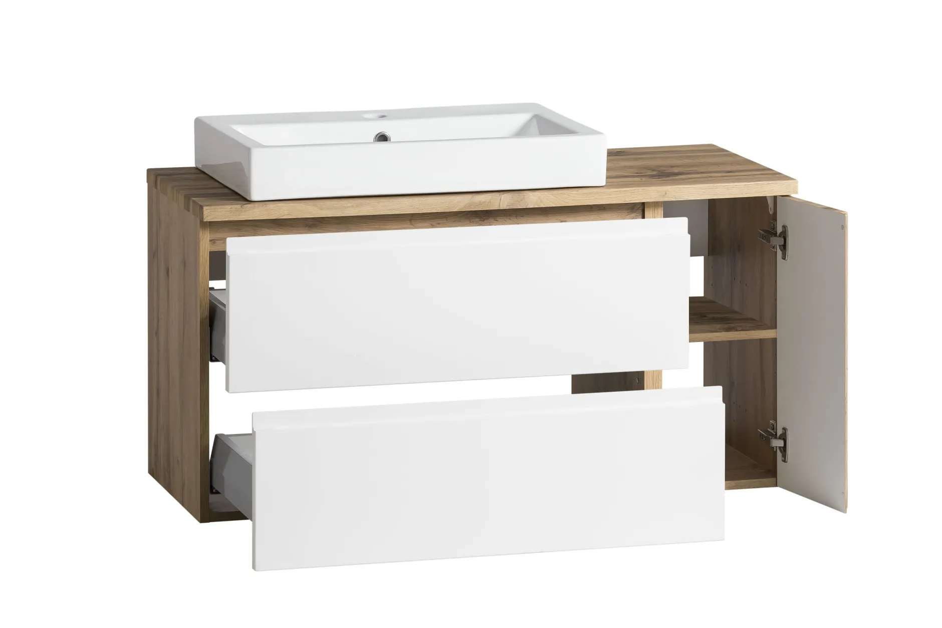 Badezimmerset Varese | Waschtisch und Spiegelschrank mit Beleuchtung | Wotan Eiche weißes Design