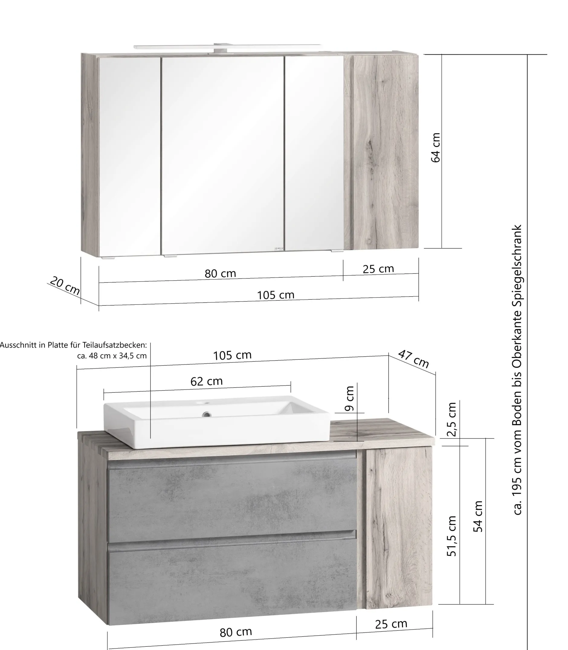 Badezimmerset Varese | Waschtisch und Spiegelschrank mit Beleuchtung | Wotan Eiche weißes Design