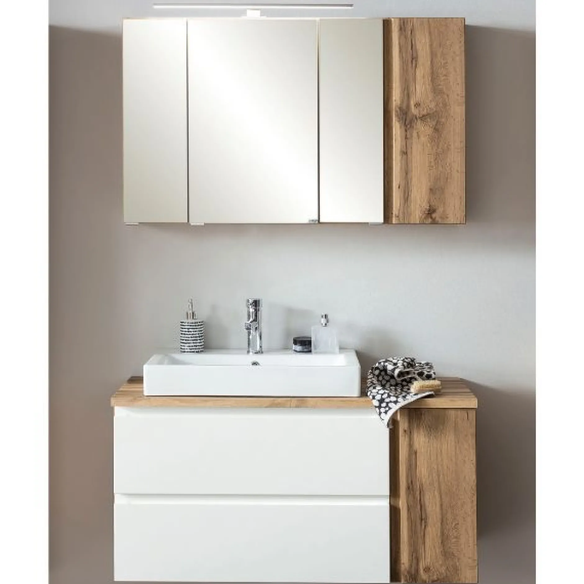 Badezimmerset Varese | Waschtisch und Spiegelschrank mit Beleuchtung | Wotan Eiche weißes Design