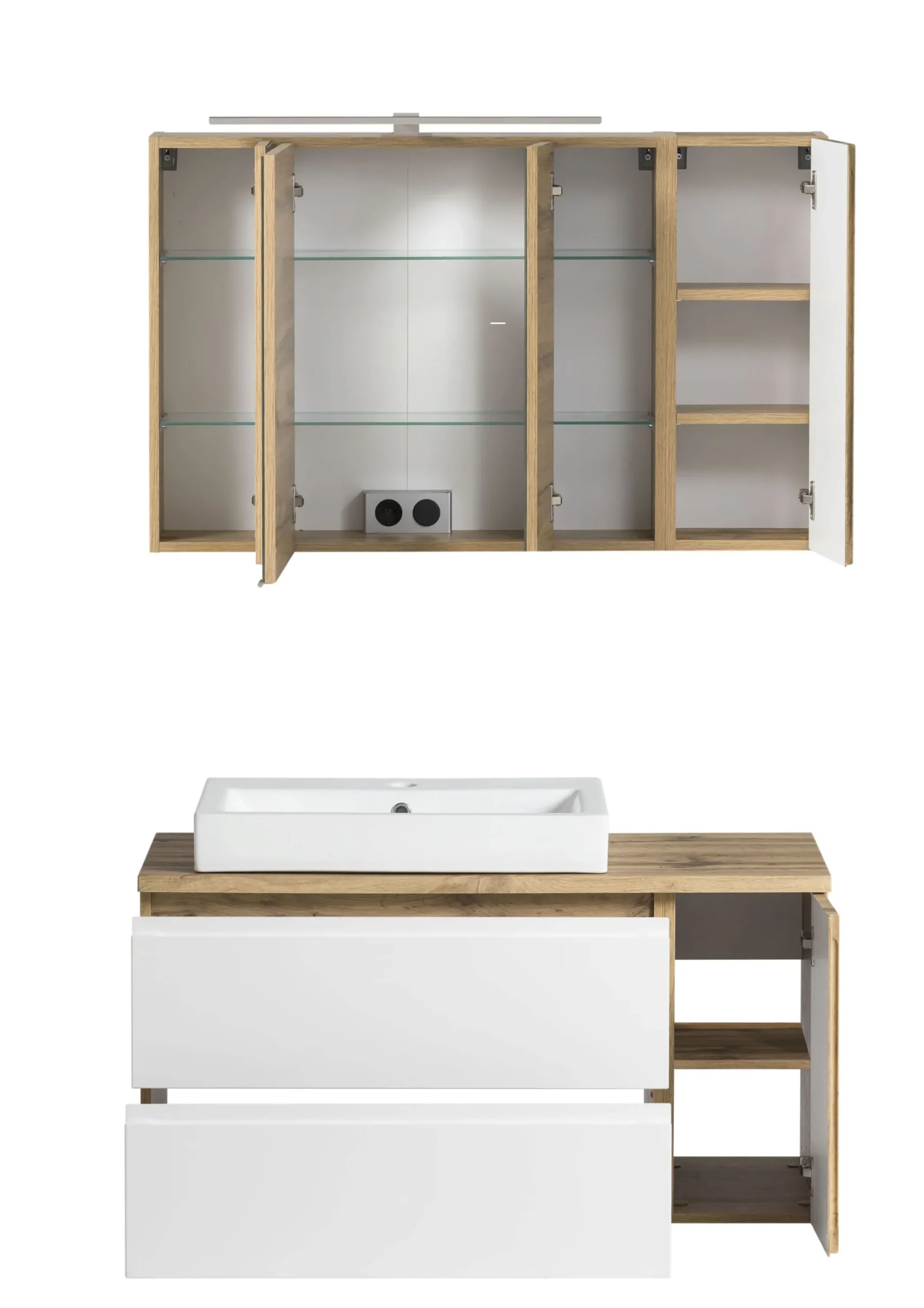 Badezimmerset Varese | Waschtisch und Spiegelschrank mit Beleuchtung | Wotan Eiche weißes Design