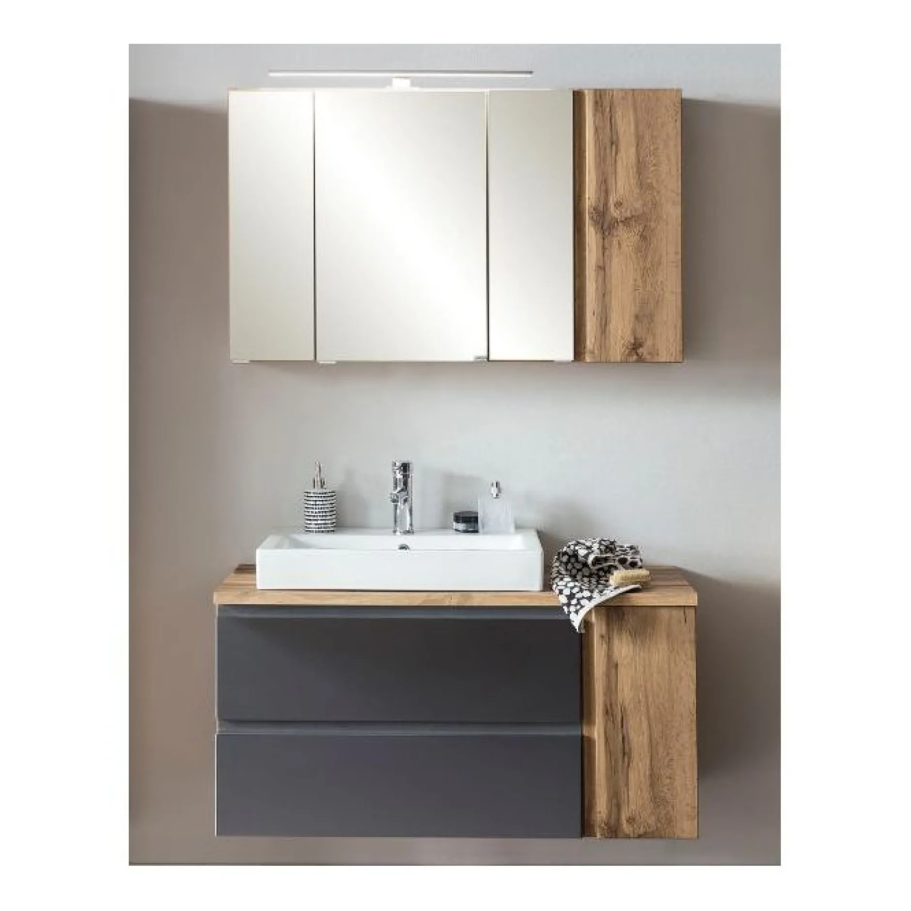 Badezimmerset Varese | Waschtisch und Spiegelschrank mit Beleuchtung | Wotan Eiche Graues Design