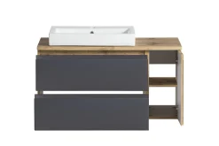 Badezimmerset Varese | Waschtisch und Spiegelschrank mit Beleuchtung | Wotan Eiche Graues Design