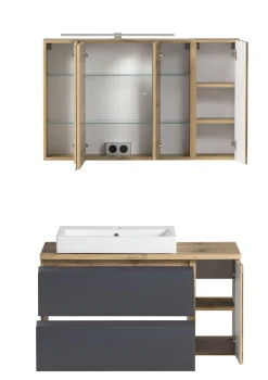 Badezimmerset Varese | Waschtisch und Spiegelschrank mit Beleuchtung | Wotan Eiche Graues Design