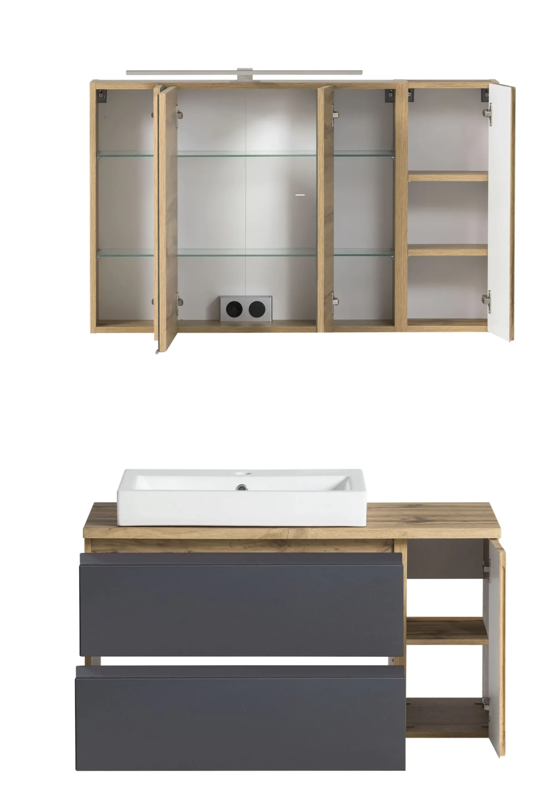 Badezimmerset Varese | Waschtisch und Spiegelschrank mit Beleuchtung | Wotan Eiche Graues Design