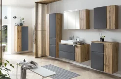 Badezimmerset Varese | Waschtisch und Spiegelschrank mit Beleuchtung | Wotan Eiche Graues Design