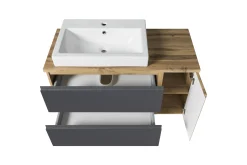 Badezimmerset Varese | Waschtisch und Spiegelschrank mit Beleuchtung | Wotan Eiche Graues Design
