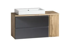 Badezimmerset Varese | Waschtisch und Spiegelschrank mit Beleuchtung | Wotan Eiche Graues Design