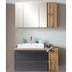 Badezimmerset Varese | Waschtisch und Spiegelschrank mit Beleuchtung | Wotan Eiche Graues Design