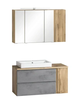 Badezimmerset Varese | Waschtisch und Spiegelschrank mit Beleuchtung | Wotan Eiche Beton Design