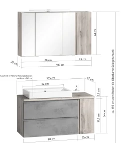 Badezimmerset Varese | Waschtisch und Spiegelschrank mit Beleuchtung | Wotan Eiche Beton Design