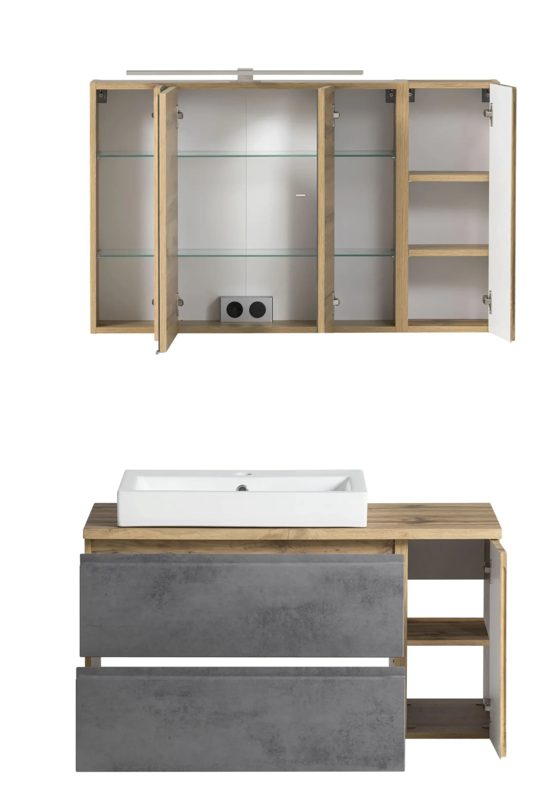 Badezimmerset Varese | Waschtisch und Spiegelschrank mit Beleuchtung | Wotan Eiche Beton Design