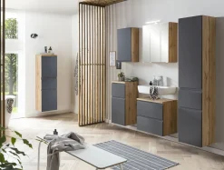 Badezimmerset Varese | Waschtisch und Spiegelschrank mit Beleuchtung | Wotan Eiche Graues Design