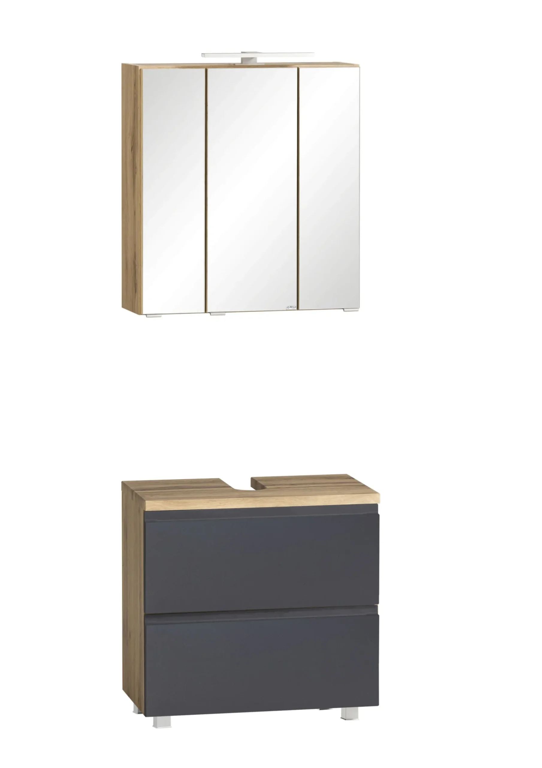 Badezimmerset Varese | Waschtisch und Spiegelschrank mit Beleuchtung | Wotan Eiche Graues Design