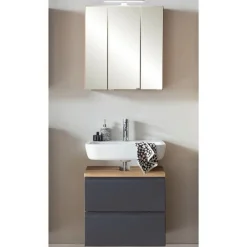 Badezimmerset Varese | Waschtisch und Spiegelschrank mit Beleuchtung | Wotan Eiche Graues Design