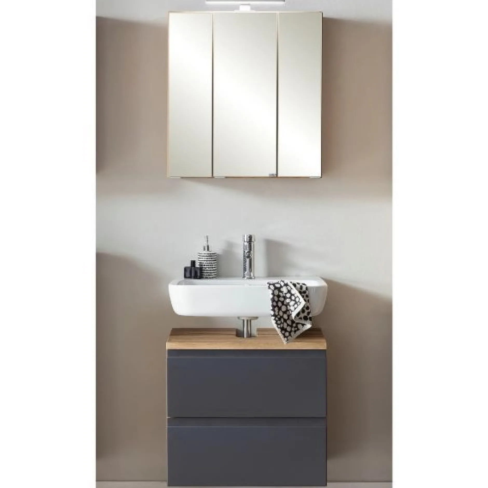 Badezimmerset Varese | Waschtisch und Spiegelschrank mit Beleuchtung | Wotan Eiche Graues Design