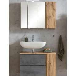 Badezimmerset Varese | Waschtisch und Spiegelschrank mit Beleuchtung | Wotan Eiche Beton Design