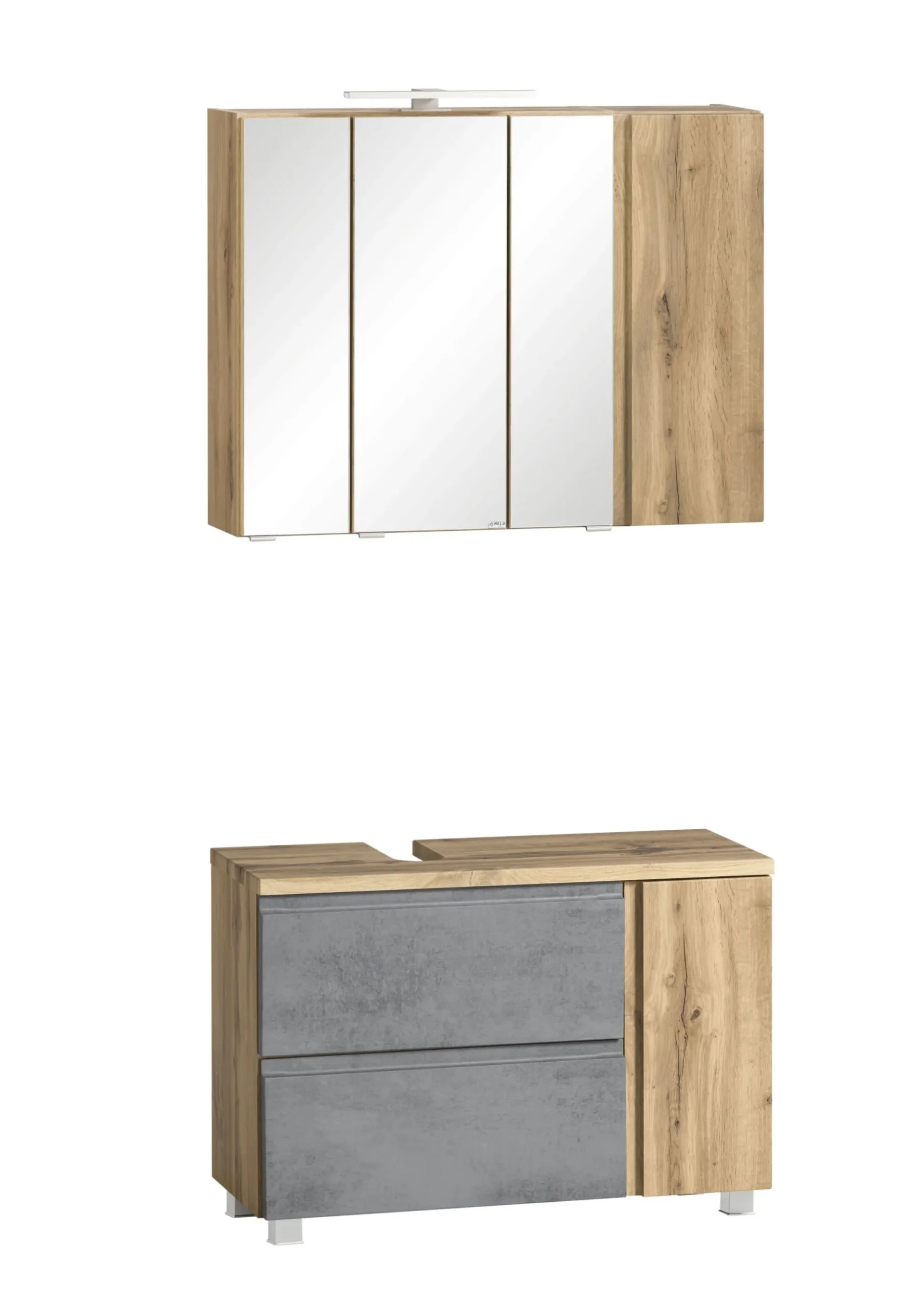 Badezimmerset Varese | Waschtisch und Spiegelschrank mit Beleuchtung | Wotan Eiche Beton Design