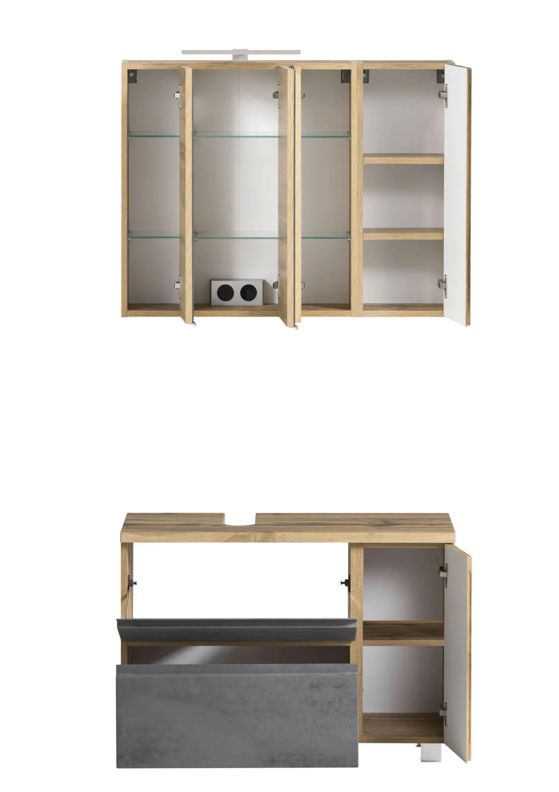 Badezimmerset Varese | Waschtisch und Spiegelschrank mit Beleuchtung | Wotan Eiche Beton Design