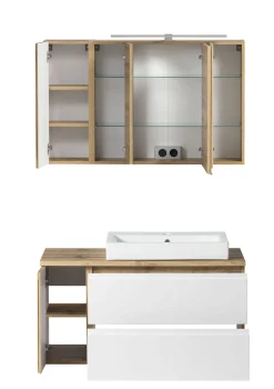 Badezimmerset Varese | Waschtisch und Spiegelschrank mit Beleuchtung | Wotan Eiche weißes Design