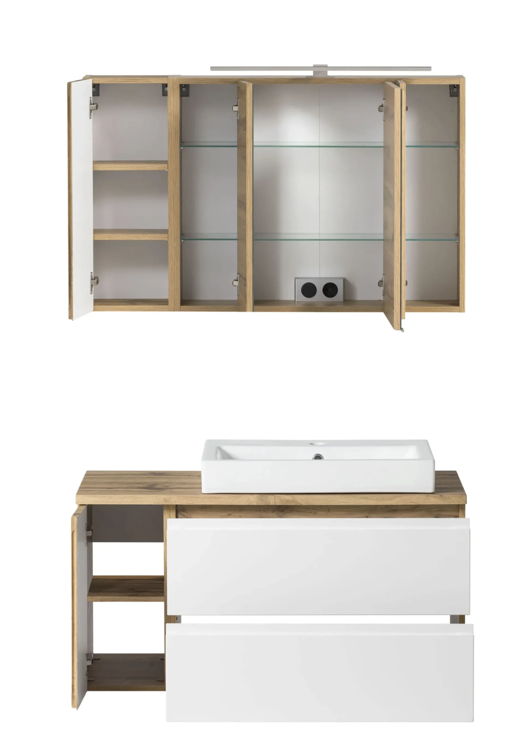 Badezimmerset Varese | Waschtisch und Spiegelschrank mit Beleuchtung | Wotan Eiche weißes Design